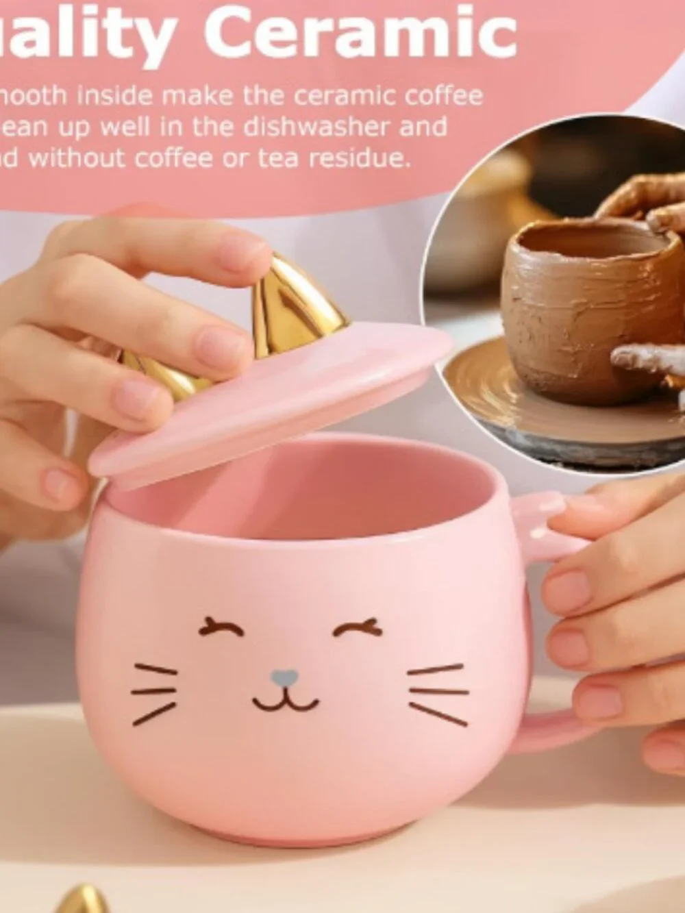Kawaii Pink Cat Ceramic Coffee Mug with Gold Spoon & Phone Holder Lid (13.5 oz)